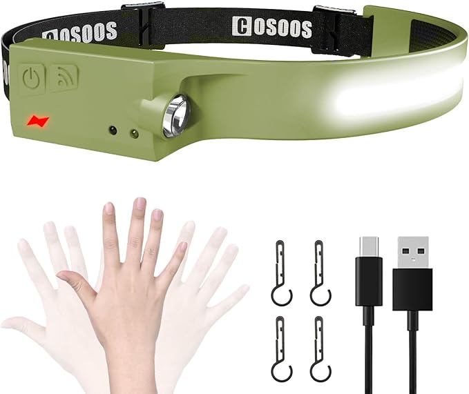 COSOOS LED Rechargeable Headlamp Flashlight, Bright Head Lamp, 1000Lumen Wide Beam & Spot Light, Motion Sensor, 2.4oz Lightweight Headband Headlight for Hard Hat, Outdoor Hiking & Camping Gear