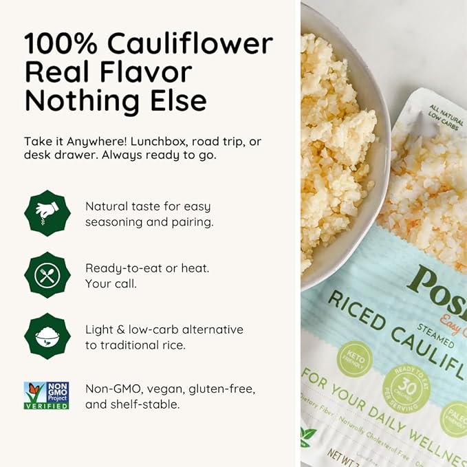 POSHI Riced Cauliflower | All Natural, Fully Cooked, Ready to Eat, Non-GMO, Low Calorie + Carb, Gluten Free, Vegetable Rice, Meals, On The Go, Plant-Based, Healthy, Veggies (7oz, 6 Pack)
