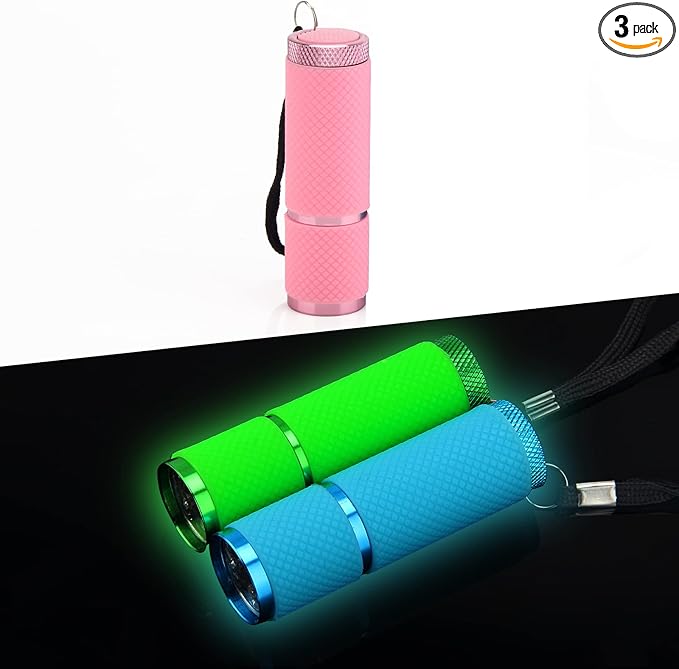 AHIER 9 LED Glow in Dark Flashlights, 3 Pack Rubber Coated Flashlights with Straps, Portable Handy Lights for Camping, Hiking, Indoor, Assorted Colors (Green+Blue+Pink)