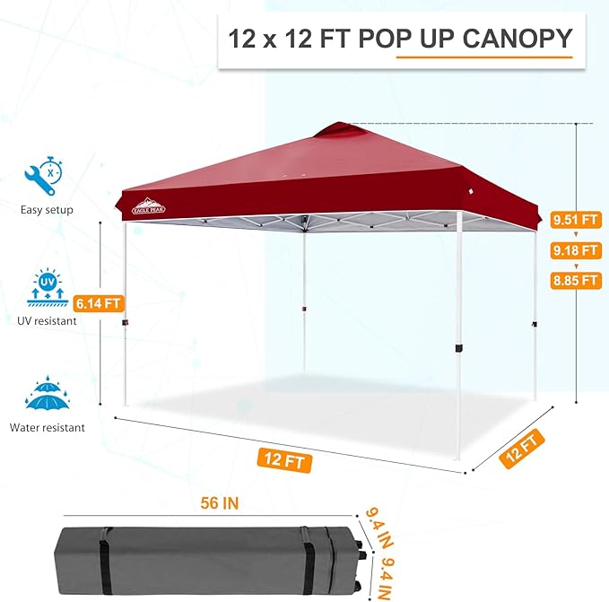 EAGLE PEAK Pop Up Canopy Tent with Wheeled Carry Bag, 8 Stakes, 4 Ropes, 4 Weight Bags, Easy Set Up Tent Canopy, 12x12 ft, 144sqft of Shade, Burgundy
