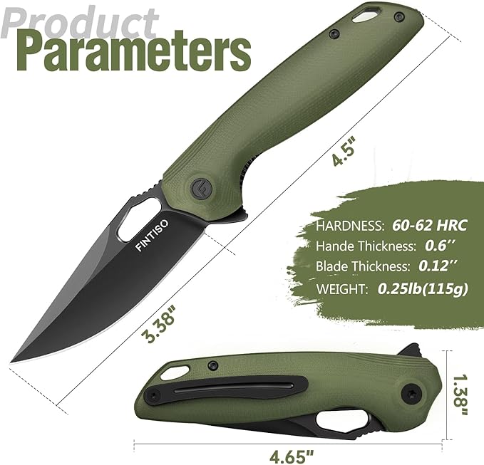 FINTISO Pocket Knife 3.38" Folding Knife Premium 14C28N Blade with G10 Handle, Camping Survival Hiking Knife, Best Gift for Men Women, Atlas Series