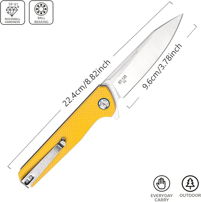 Sitivien ST135 Folding Knife,D2 Steel Blade G10 Handle Outdoor EDC Knife for Hunting Fishing Camping(Yellow)