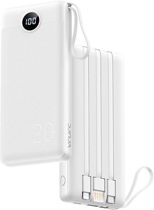 VRURC Portable Charger with Built in Cables 20000mAh, 22.5W Fast Charging USB C Power Bank,LED Display Charging Back with 4 Output 2 Input for iPhone 15/14/13/Pro,Samsung,Android-White(1 Pack)