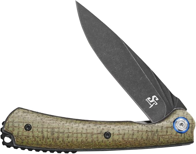 Sitivien ST144 Folding Knife,Black Stonewashed 14C28N Steel Blade,Micarta Handle Pocket Knife for Outdoor EDC Camping,Survival,Hiking,Fishing(Green)