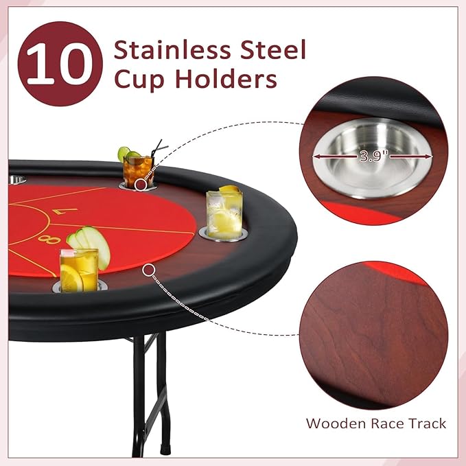 Upgrade 10 Player Poker Table, 84" Folding Oval Table with Stainless Steel Coasters & Cushion Rails, Casino Felt Top Texas Hold'em Table, Red