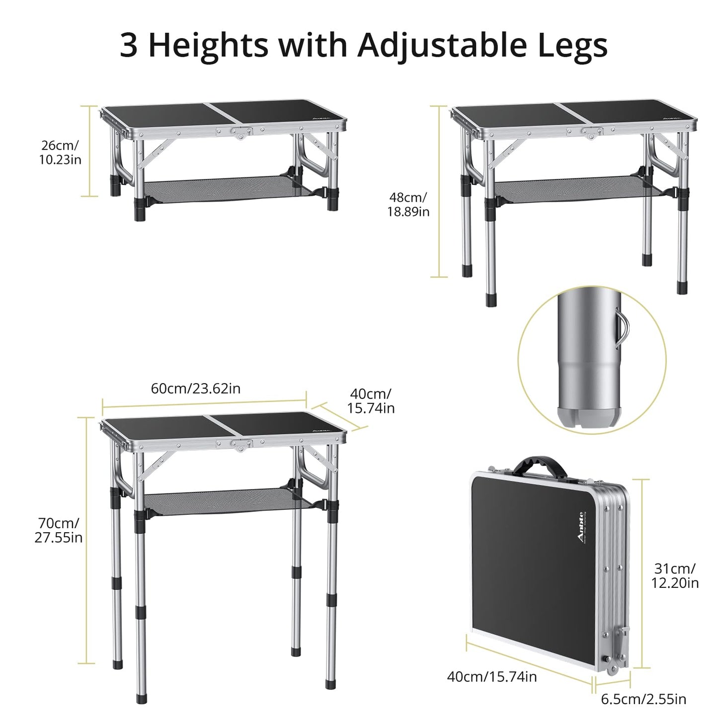 Anbte Folding Camping Table, 24"X 16" Adjustable Height Small Folding Table