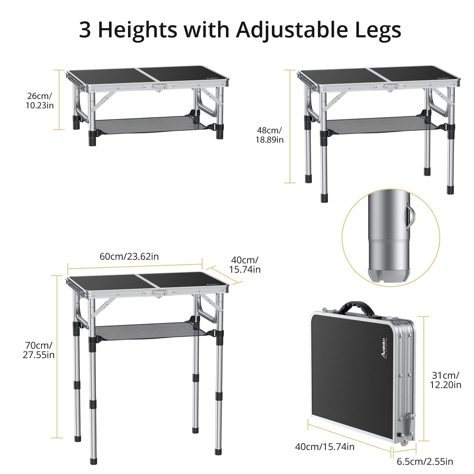 Anbte Folding Camping Table, 24"X 16" Adjustable Height Small Folding Table