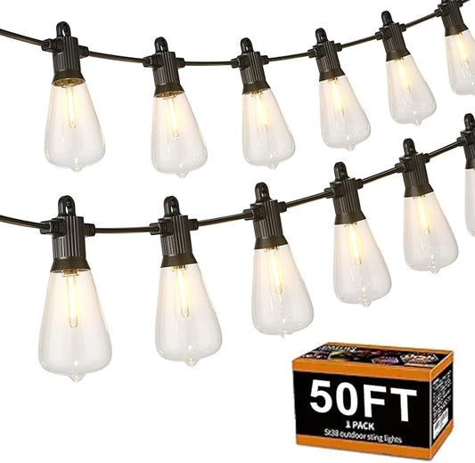 ZOTOYI Outdoor String Lights，50FT Patio Lights with 27 Vintage Edison Bulbs (2 Spare)，ST38 Waterproof Outside Hanging Light for Backyard, Bistro, Cafe, Gazebo, Porch Decor, Dimmable 2700K