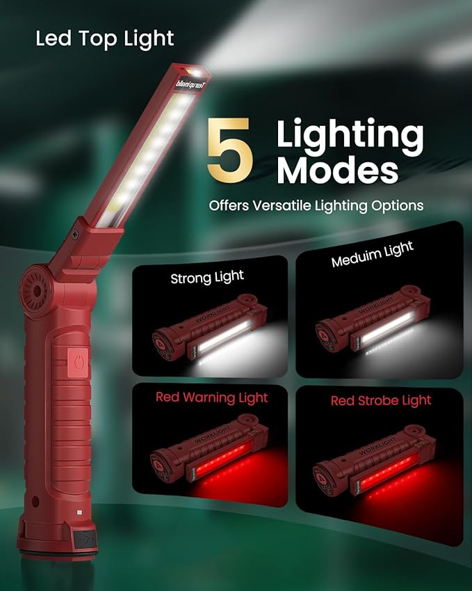 Coquimbo Tools Gifts for Men Dad Husband, Rechargeable LED Work Light Grill Accessories Magnetic Flashlight with Hanging Hook 5 Modes 360° Rotate Christmas Gifts for Him Grandpa (2 Pack Red)