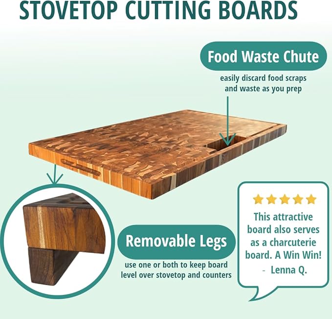 EcoDecors Extra Large Solid Teak Butcher Block 34"x20", End Grain Cutting Board with Juice Groove, Waste Slot, Handles, FSC Certified Carving Board for Stove-Top Prep