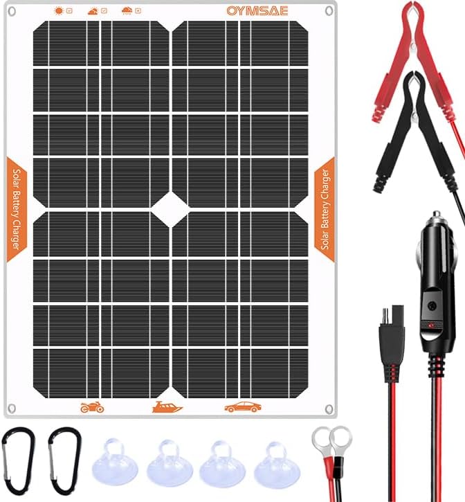 OYMSAE White 20W 12V Solar Panel Battery Charger Portable Waterproof Power Trickle Battery Charger & Maintainer for Car Boat Automotive RV with Cigarette Lighter Plug & Wiring Clip