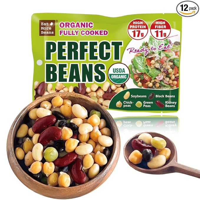 ?�Eat More Beans?‘Organic Fully Cooked Perfect Beans - Economy Pack, USDA Vegan Vegetarian Healthy Food- Variety of Organic Edamame, Chickpea, Black Beans, Green Peas, Kidney Beans (12 Packs, 5 oz)