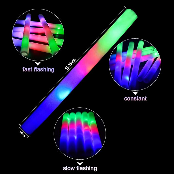M.best 100 Pack LED Light Up Foam Sticks with 3 Modes, Glow in The Dark Wands Party Supplies for Birthday,Wedding, Christmas, Halloween,Raves, Concert