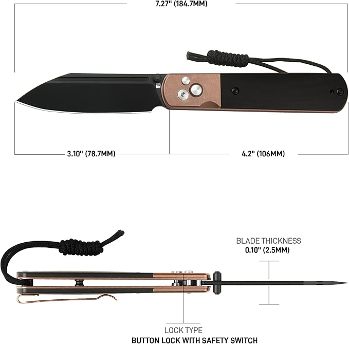 ARTISANCUTLERY Holm Folding Pocket Knife, Folding Knife with 3.10'' AR-RPM9 Steel, Handle with Rose Gold PVD Steel and Ebony Inlay, Button Lock with Safety Switch EDC Knife for Men, 1875P Rose Gold