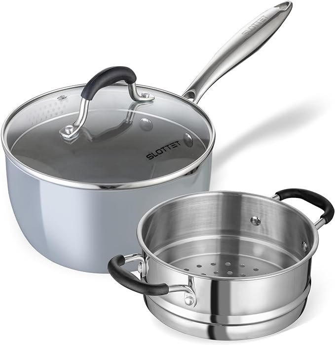 Ceramic Nonstick Tri-Ply Stainless Steel Sauce Pan with Steamer,2.5 Quart Small Multipurpose Pot with Pour Spout,Strainer Glass Lid, 2qt Saucepan for Cooking with Stay-cool Handle,Grey