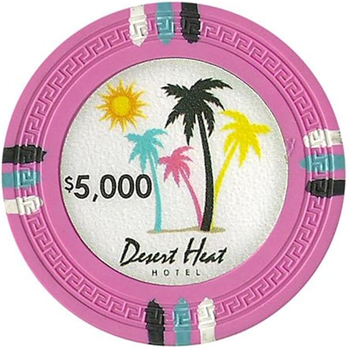 13.5-gram Desert Heat Premium Poker Chips (50-Pack) Heavy Clay Composite Set - Bulk Casino Chips with Denominations for Texas Holdem, Blackjack - Betting Game Accessories ($5,000 Pink)
