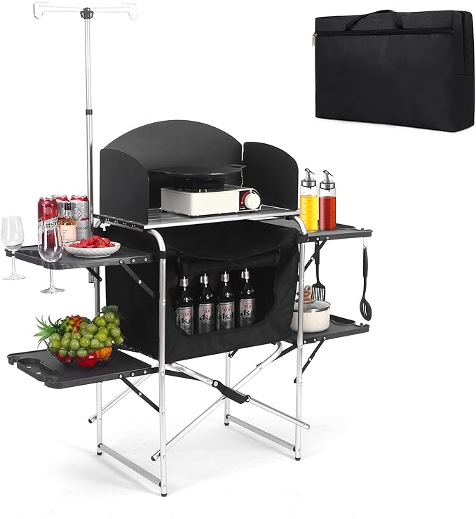Camping Kitchen Table, Outdoor Cooking Table with 4 Panels & Storage Bag, Aluminum Folding Cooking Station, Heat Resistant Tabletop, Carrying Bag, Quick Set-up for RV,BBQ,Picnic,Traveling