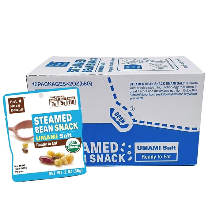 ?�Eat More Beans??STEAMED BEAN SNACK -UMAMI Salt USDA Certified Healthy Vegan Snacks Ready to Eat Fully Cooked- Box of 10 packs(2oz, 10packs)