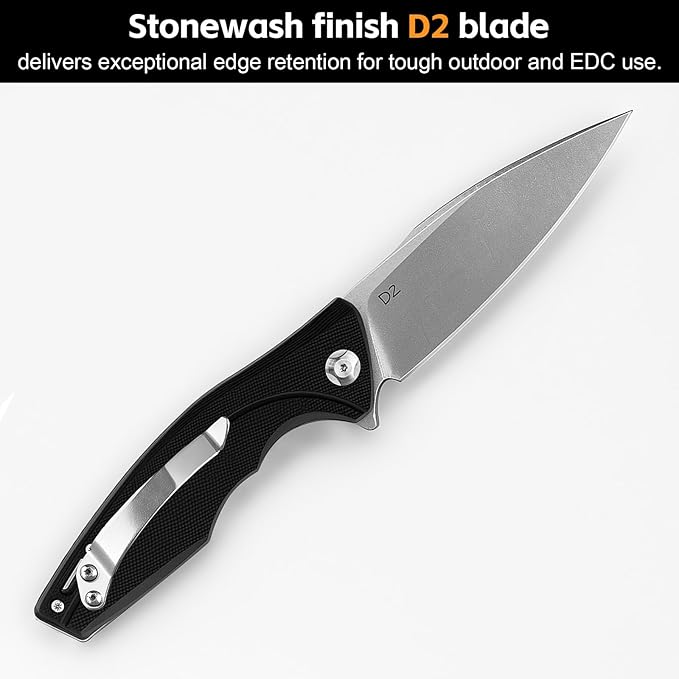 Pocket EDC Knife V903, 3.2" D2 Steel Blade Black G10 Handle Folding Knife with Pocket Clip for Men Women Camping Survival Hiking Outdoors (Black)