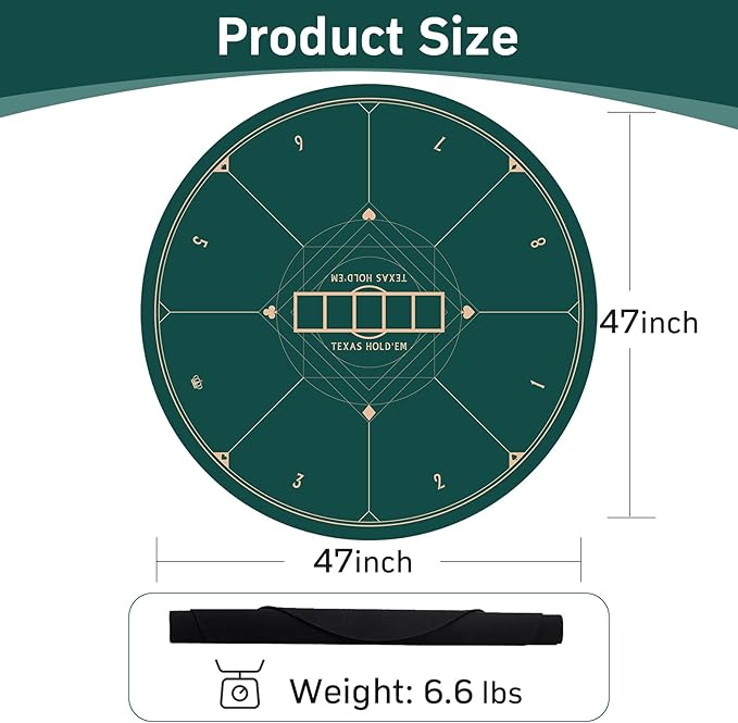 CONTINUE 47 x 47 Inch Poker Table Mat 8 Players Texas Hold'em Poker Mat Professional Poker Mat Anti-Slip Rubber Poker Table Top Layout with Carrying Bag for Poker Games, Blackjack, Casino