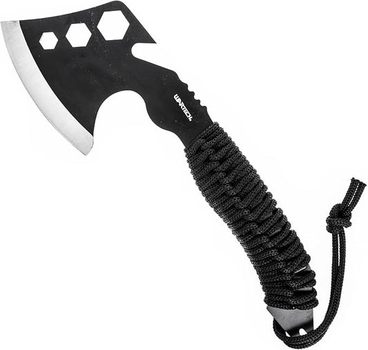 ASR Outdoor 12 Inch Full Tang Steel Axe Hatchet with Gut Hook Hex Holes Paracord Handle and Sheath, Black