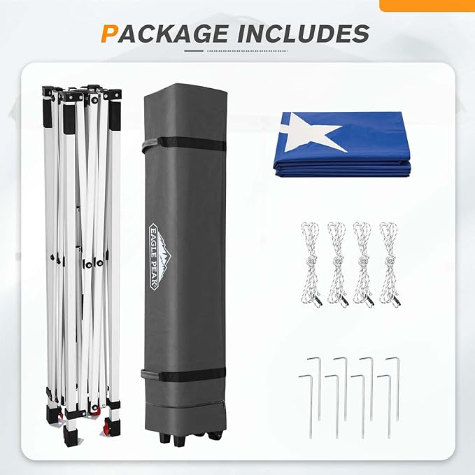 EAGLE PEAK Pop Up Canopy Tent with Wheeled Carry Bag, 8 Stakes, 4 Ropes, Easy Set Up Tent Canopy, 6.6x6.6 ft, American Flag