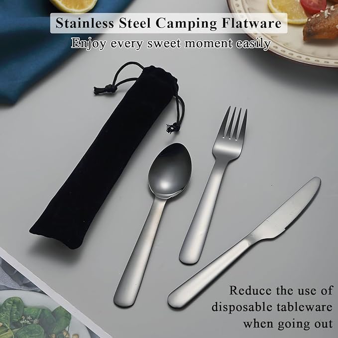 Evanda 3 Piece Portable Silverware Set, Include Knife Fork Spoon, Black Titanium Plating Camping Cutlery Set With Black Bag, For Home Kitchen Camping Travel, Dishwasher Safe