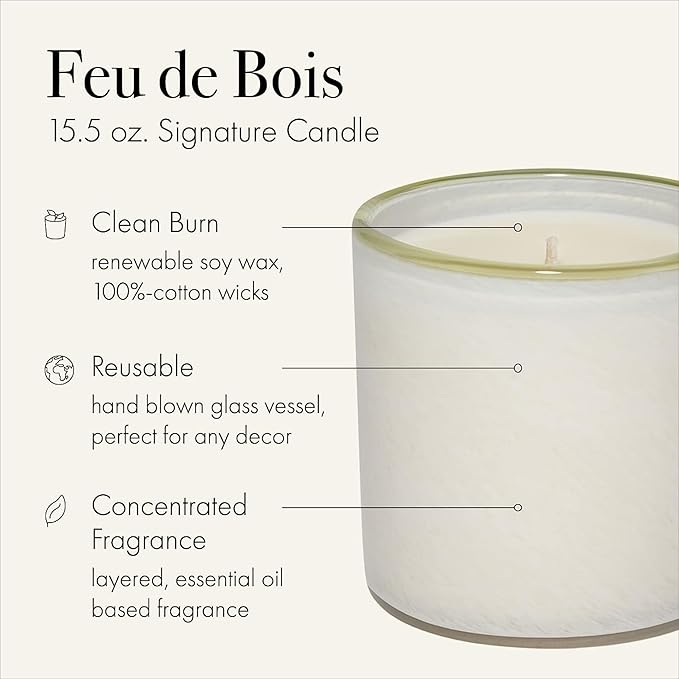LAFCO New York Signature Candle, Feu de Bois - 15.5 oz, 2 Pack - 90-Hour Burn Time - Reusable, Hand Blown Glass Vessel - Made in The USA