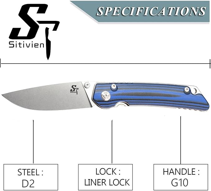 Sitivien ST128 Folding Knife,D2 Blade G10 Handle Safety Liner Lock EDC Tool Knife for Outdoor Hiking Camping-Blue