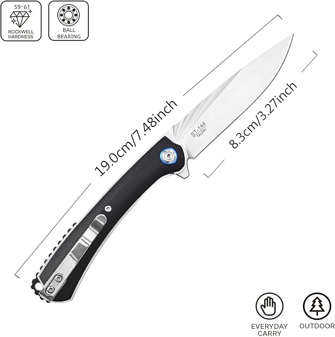 Sitivien ST144 Folding Knife,14C28N Steel Blade,G10 Handle Pocket Knife for Outdoor EDC Camping,Survival,Hiking,Fishing(Black)