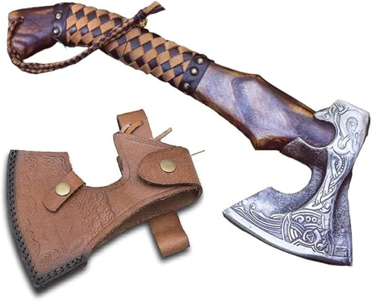 19" Custom Gift Hand Forged Viking Axe- Carbon Steel Camping Axe with Rose Wood Shaft - Viking Gifts for Men, Bearded Camping Axe (VALHALA 19)