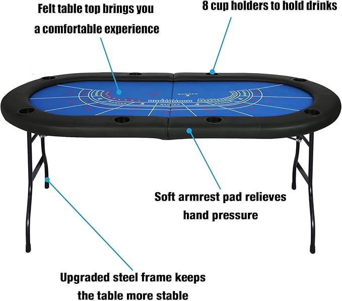 Upgrade 8 Player Poker Table for Blackjack Card Game, Foldable Texas Hold'em Table, Portable Casino Table for Game Room with Plastic Cup Holder, Padded Rails, Blue Felt Surface