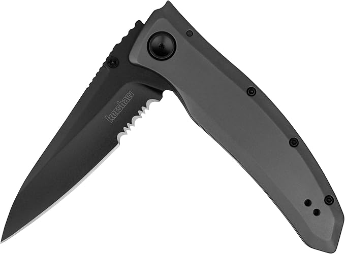Kershaw Grid Folding Pocket Knife, 3.7 inch Black Serrated Blade, Steel Handle, Pocketclip & 3-Inch Blue Pocketknife with SpeedSafe Opening and Deep Carry Pocketclip