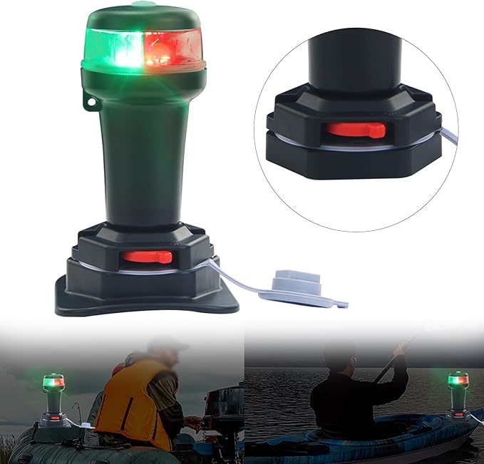 Kayak Battery Portable Navigation LED Lights Multi- Adaptors 3AA Battery Inflatable Boat Surface Mount Adhesive Base (Red/Green (With Fixed Base))