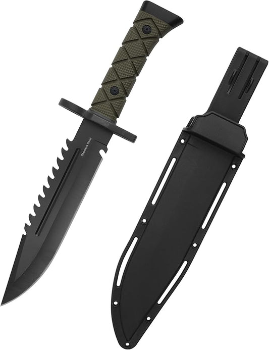 15" Fixed Blade Tactical Knives with Sheath, Stainless Steel Survival Hunting Bushcraft Full Tang Non-Slip Handle Knife with Serrated Blade Back for Camping Adventure EDC