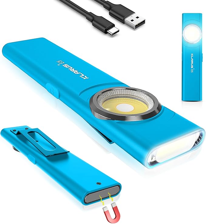 klarus E5 Pocket Flashlight, Rechargeable EDC Flashlight, Super Slim 4.2x1x0.3inch, 600 Lumens, USB-C Port, IPX4, Dual Light Source with Magnetic Base, Hat & Clothes Clip - Blue