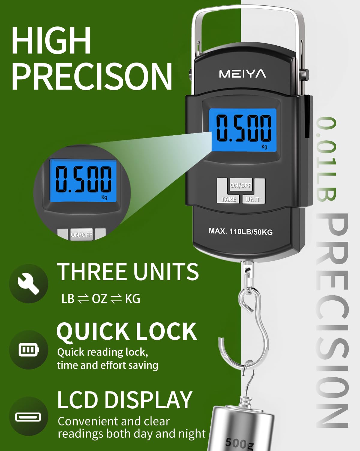 MEIYA Fish Scale 110lb/50kg Digital Fishing Scale with Backlit LCD, Portable Handle, Stainless