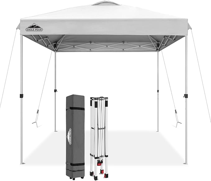 EAGLE PEAK Pop Up Canopy Tent with Wheeled Carry Bag, 8 Stakes, 4 Ropes, Easy Set Up Tent Canopy, 8x8 ft White