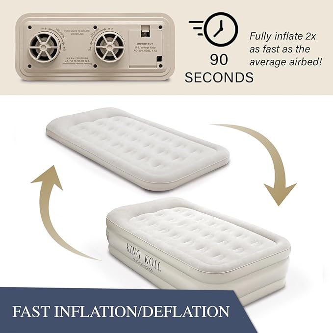 King Koil Plush Pillow Top Twin Air Mattress with Built-in High-Speed Pump for Camping, Home & Guests - 20??Twin Size Airbed Luxury Inflatable Blow Up Mattress, Waterproof, 1-Year Warranty
