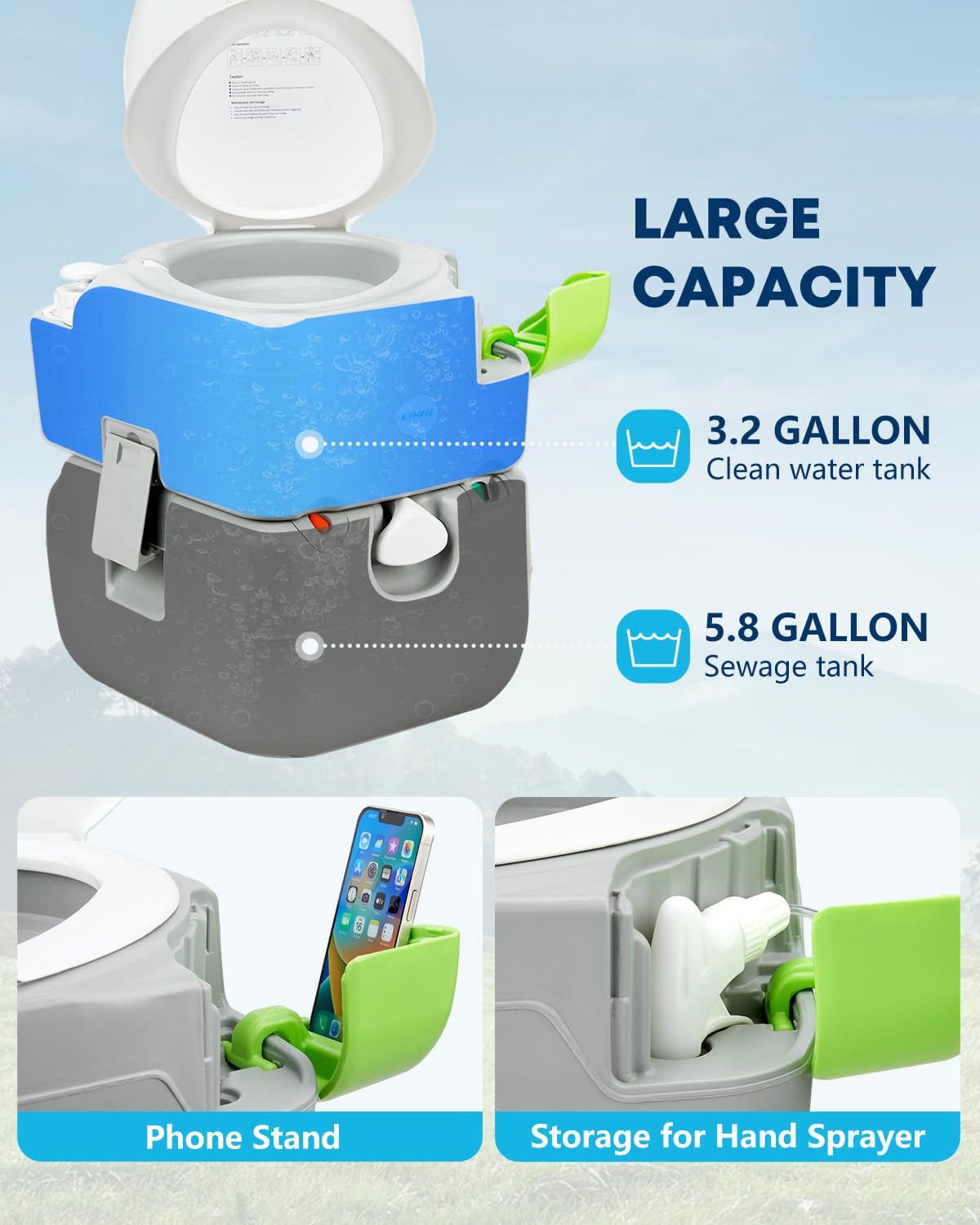 Kohree 5.8 Gal Camping Toilet for Adults with Diagonal Elongated Bowl Seat