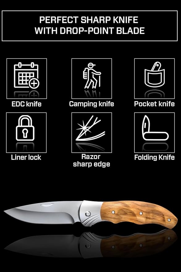 Grand Way Pocket Knife for Men with Wood Handle, Liner lock - Folding Sharp Blade 3.54" - Cool Knives for Camping EDC - Gifts for Dad Him - 6651