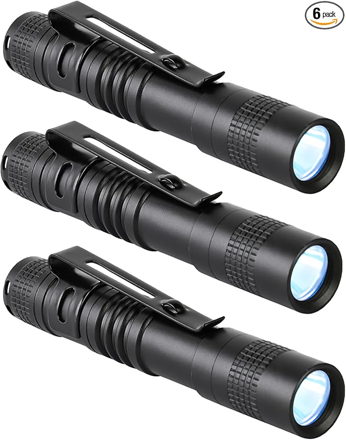 Mini Pocket Flashlight, Small LED Pen Light with Clip, 500 Lumen Torch Powered by AAA Battery, Portable Versatile for Inspection Medical Repair Camping Outdoor Emergency (3.5" 3 Pack Purple)