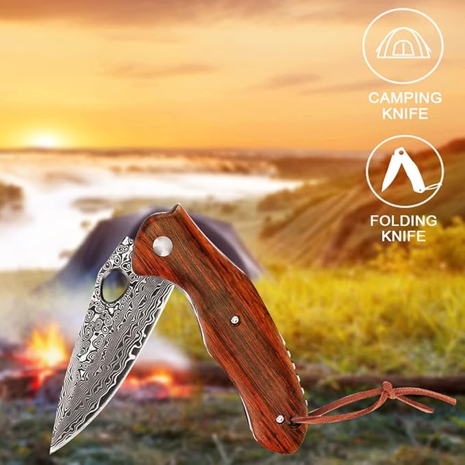 Benkey Damascus Folding Knife, Sharp VG10 Core Damascus Steel Pocket Knives with Natural Wood Handle, Quality Leather Sheath, Ball Bearing, Liner Lock, Lightweight Pocket Knife for EDC Men Women