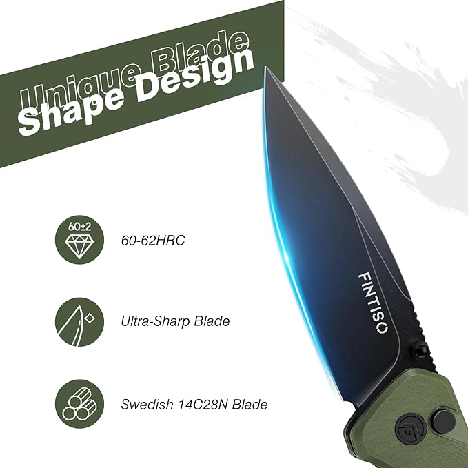 FINTISO Pocket Knife, 3" 14C28N Steel Blade G10 Handle Small EDC knife with Button Lock, Sharp Folding Knife with Pocket Clip for Camping, Survival, Hunting