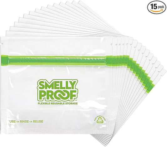 Smelly Proof 15 x Expandable Stand-Up & Fill REUSABLE Storage Bags for Food Designed & Mfg in US, BPA FREE, NO PEVA, Reusable Snack Bags, Dishwasher-Safe, Clear 3 mils STAND & FILL 6" x 4" - 15pk