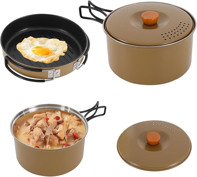Portable Camping Cookware Set, 304 Stainless Steel Outdoor Camping Cooking Pots and Pans with Storage Bag, Outdoors Campfire Cook Cookware Equipment for Outdoor Camping Hiking Picnic for 2-3