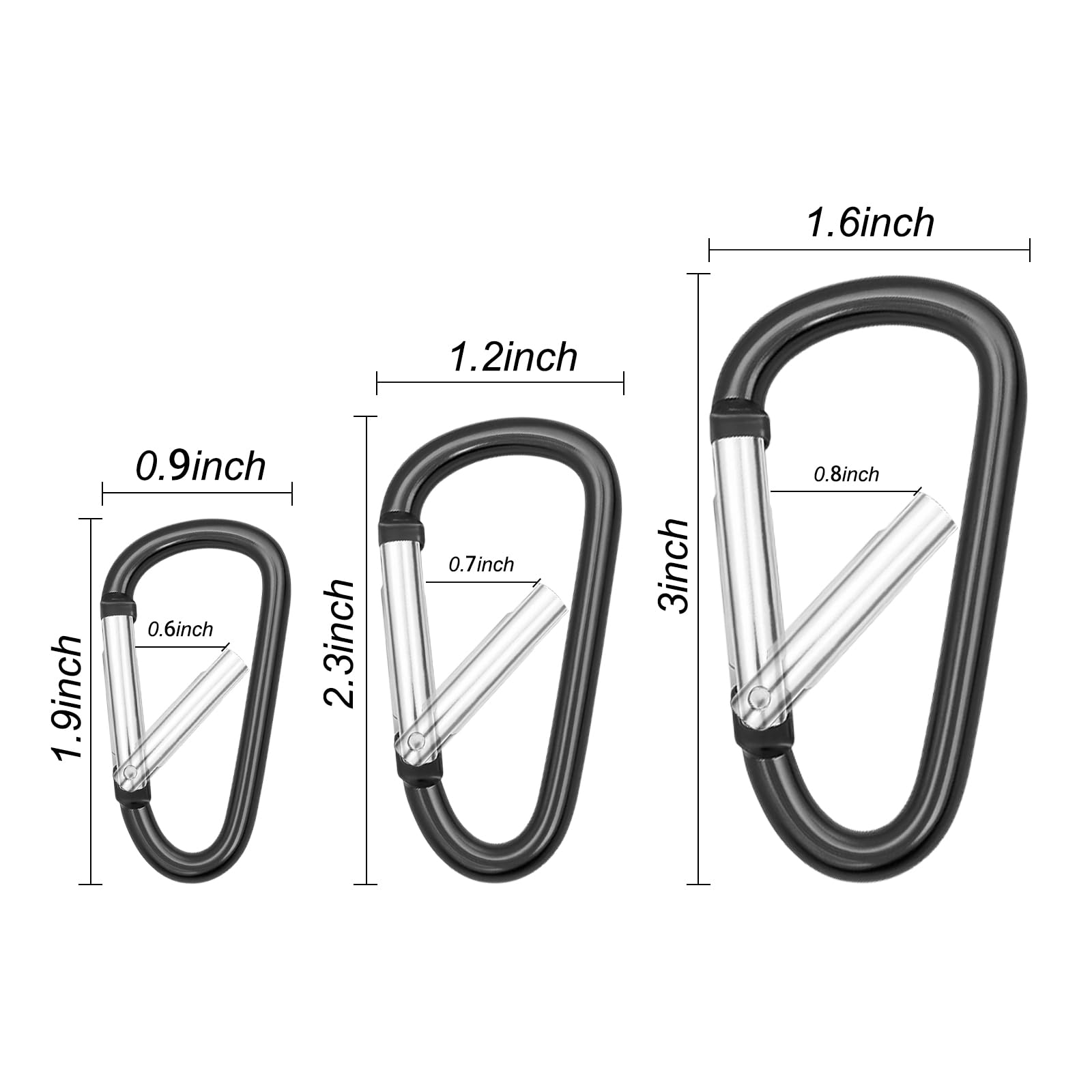 Carabiner Clip Multi Size Pack, Aluminum Carabiner Includes Small 2 Inch Carbineers, Medium 2.3" D