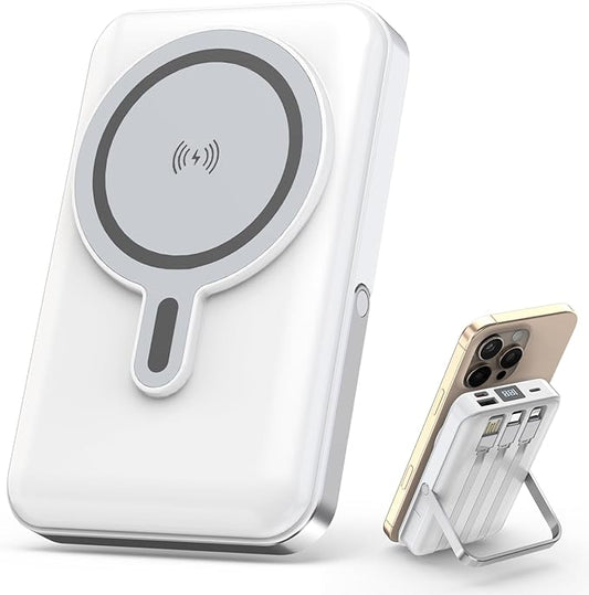 Magnetic Portable Charger, 10000mAh Multi-port Wireless Power Bank, 22.5W Mag Safe Battery Pack, Stand Portable Charger Built in Cables Compatible with iPhone 17/17 Air/17Pro/16/15/14/13,Samsung White