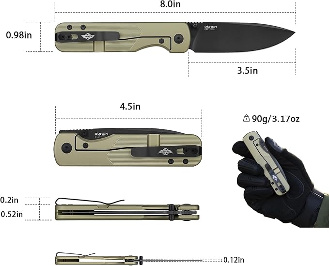 OKNIFE Duron Folding Pocket Knife, 3.5" PVD Coated Nitro-V Steel Blade, Frame Lock Lightweight O-Aluminum Ambidextrous Handle with Clip, Ideal EDC Tool for Outdoor, Camping & Survival (Olive Green)