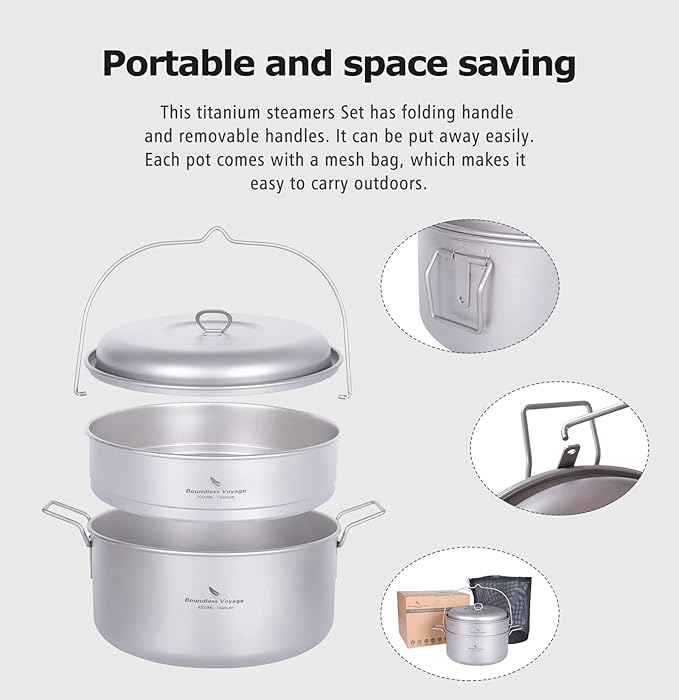 Boundless Voyage Titanium 4.5L Hanging Pot with Steaming Rack Folding Handle Outdoor Camping Cooking Stockpot Steamer Set